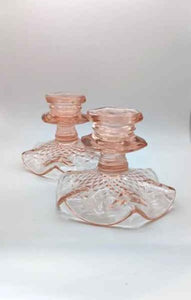 Imperial Glass pink diamond ruffled candleholders