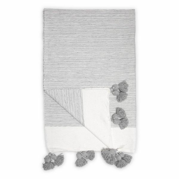 Moroccan Pom Pom Blanket - Throw - Mixed Light Grey