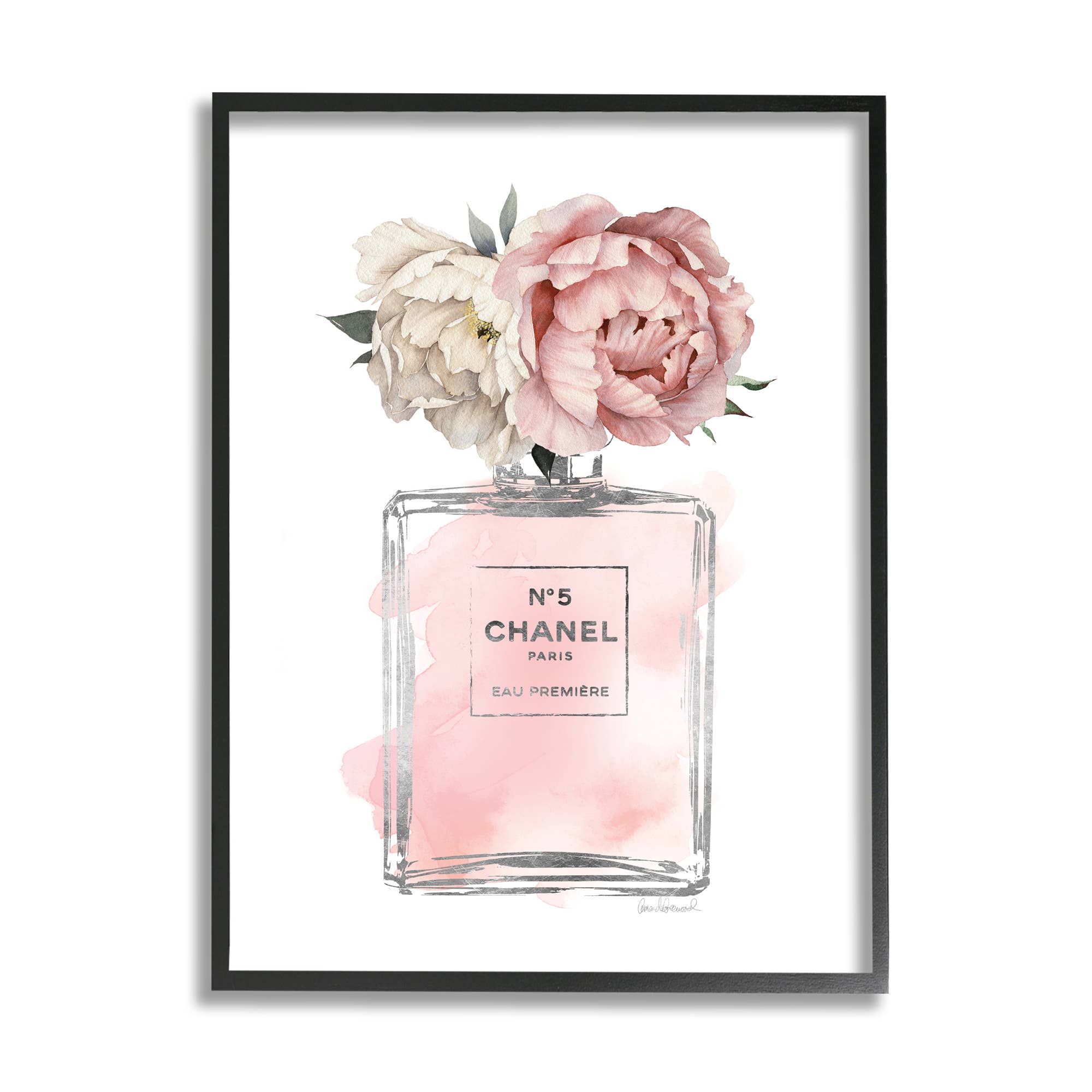 Vintage Soft Flowers in Pink Fashion Bottle Black Framed