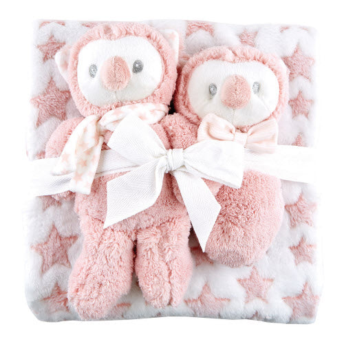 Baby Blanket Pink Owl Soft Toy and Soft Rattle 3 Piece Gift Set