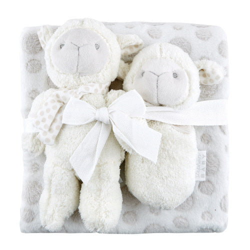 Baby Blanket Lamb Soft Toy and Soft Rattle 3 Piece Gift Set